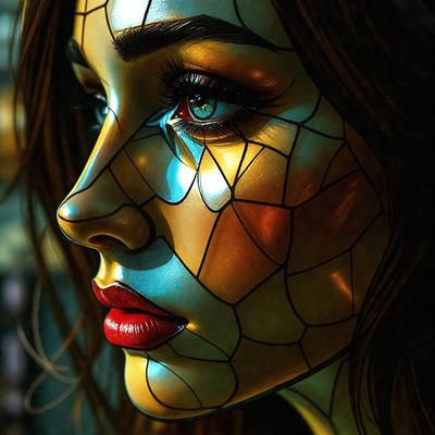 The primary subject of the image is a woman with a unique and artistic appearance. She has a blue nose and a gold face, giving her a distinctive look. The setting is a dark room, which adds to the overall mood of the image. The visual style is a combination of photo and digital art, creating a striking and eye-catching portrait. The colors and mood of the image are predominantly dark and mysterious, with the woman's blue nose and gold face standing out as the focal point.